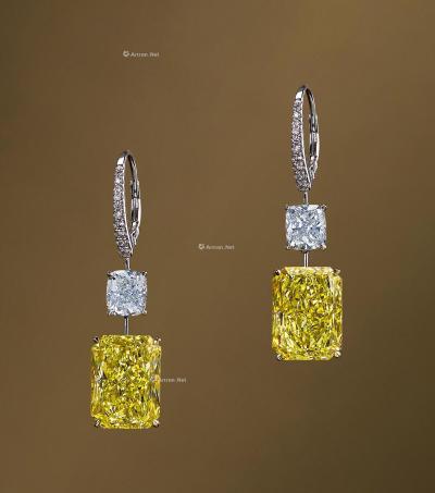  6.29及6.29克拉 长方形 彩黄色钻石 配 钻石 耳环