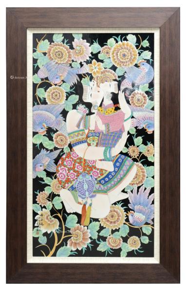  2007年作 粉彩‘母子情’瓷板硬木挂屏