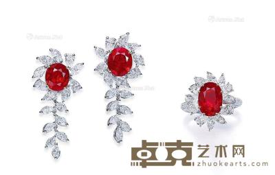 天然「缅甸抹谷」「鸽血红」红宝石 配 钻石 戒指及耳环套装（红宝石共重9.33克拉），未经加热 --