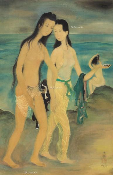  约1938年作 海水浴 水墨 水粉 绢布 纸本