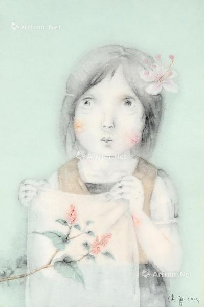  2013年 戴花少女 纸本 彩墨
