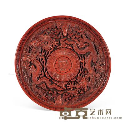 明宣德 剔红江崖海水双龙纹盘 直径19cm