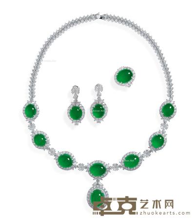  缅甸天然翡翠 配 钻石项链 及 戒指、耳环 套装 --