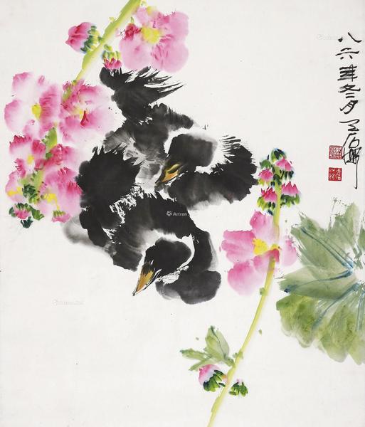  芙蓉鸭趣图 挂轴 设色纸本
