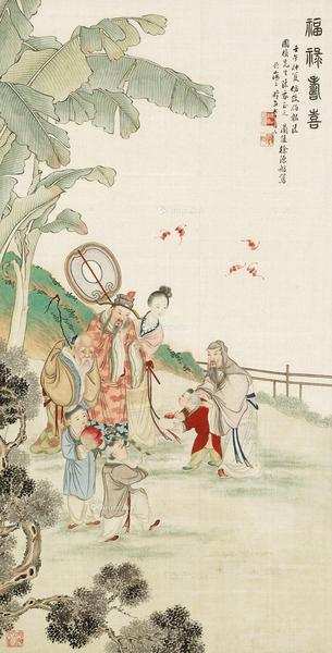  福禄寿喜图 立轴 设色绢本