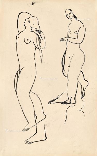  1920年代末至1930年代初 运动裸女 纸本 水墨