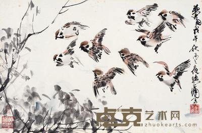1978年作 麻雀飞舞 镜框 设色纸本 45.8×69.5cm