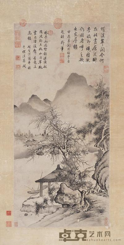  林亭钓艇图 镜框 水墨纸本 69×47cm