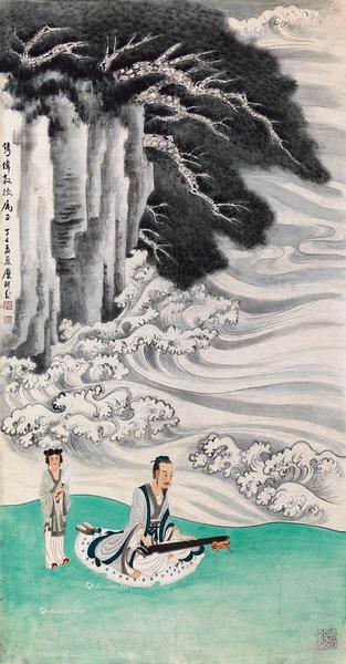  丁巳（1977年）作 松涛听琴 镜心 设色纸本