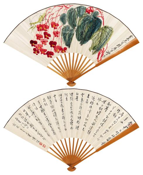  壬午（1942年）作 海棠螳螂 行书五言诗 成扇 设色纸本、水墨纸本 