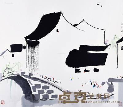  1986年作 江南水乡 镜框 设色纸本 68×78.5cm