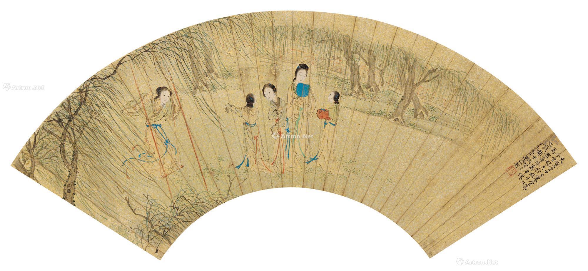 丁巳(1857年)作 戏秋千 扇面 设色洒金笺 16×50.5cm