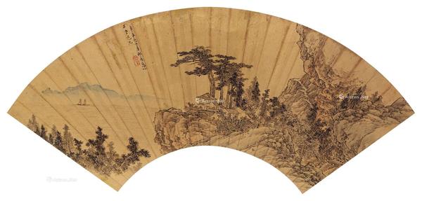  江帆远景 扇面 设色金笺