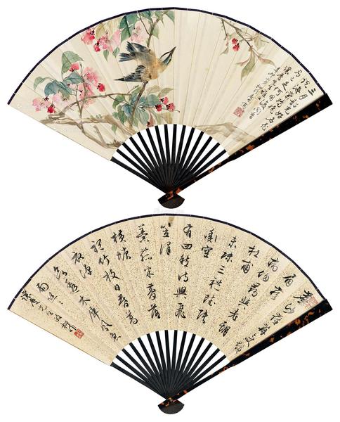  辛卯（1951）作 海棠珍禽·行书七言诗 成扇 设色纸本、水墨洒金笺