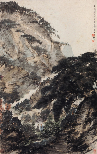  1942年作 幽谷话旧 立轴 设色纸本