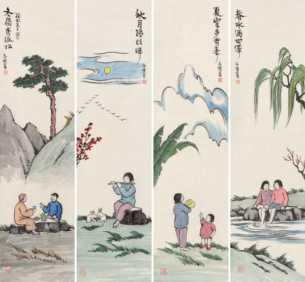  四时佳景四屏 立轴 设色纸本