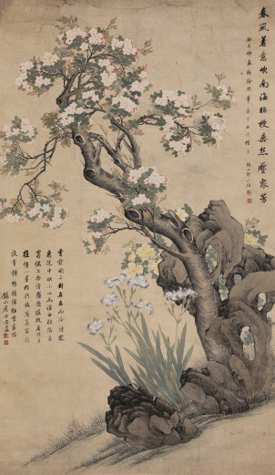  1751年作 海棠吐芳 立轴 设色纸本