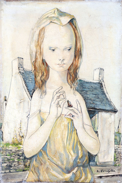  约1960年代作 在画家房前的女孩和蝴蝶 布面油画