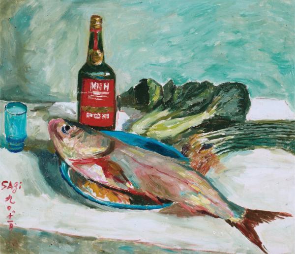  1990年作 有鱼的静物 布面 油画