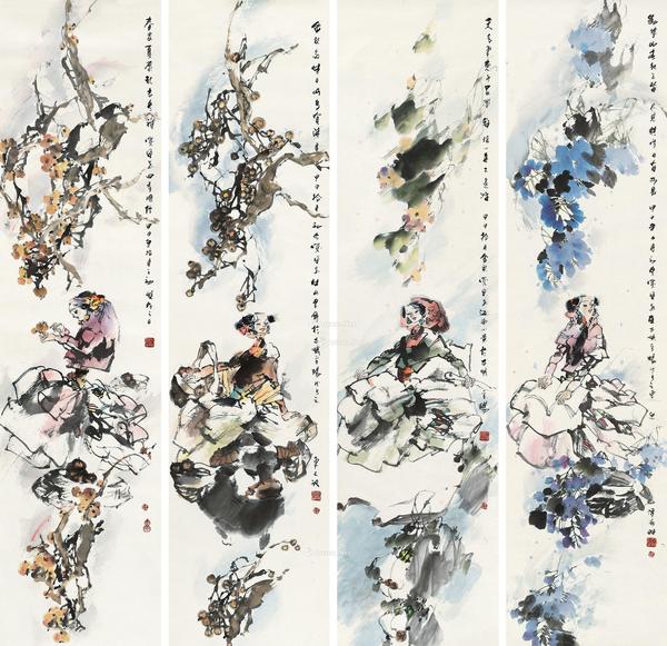  2004年作 人物四屏 镜心 设色纸本