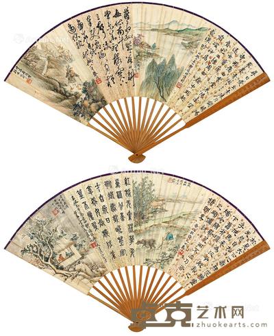  四时渔樵耕读四体书集锦扇 成扇 设色纸本、水墨洒金笺 18×50.5cm