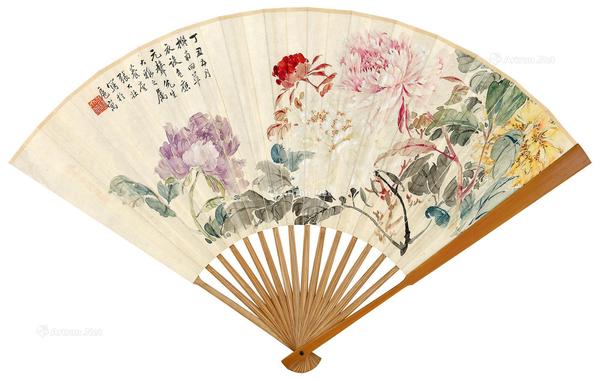  五色国香 七言诗 成扇 设色纸本、水墨洒金笺