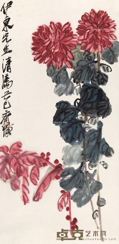  1929年作 红菊老少年 镜心 设色纸本 66.7×33.2cm