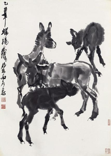  1985年作 群驴图 立轴 水墨纸本