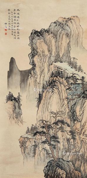  秋山古寺 镜心 设色纸本