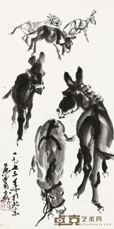 * 1973年作 六驴图 镜心 水墨纸本 69.5×34.7cm