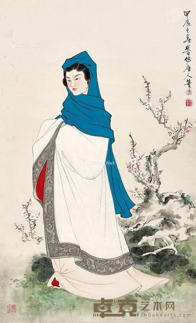  甲辰（1964年）作 淑女倚梅香 立轴 设色纸本 78.3×47.2cm