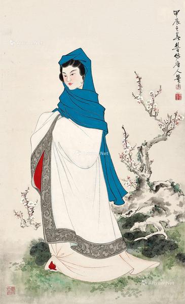  甲辰（1964年）作 淑女倚梅香 立轴 设色纸本