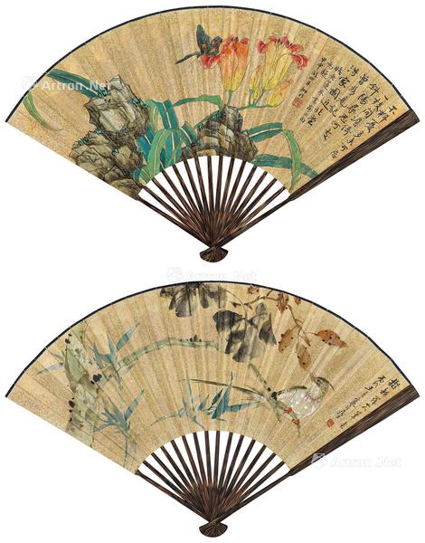  萱花蛱蝶 桐竹幽禽 成扇 设色洒金笺