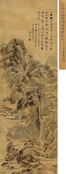  1832年作 溪山水阁图 立轴 设色绢本