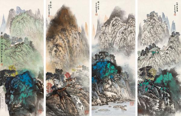  2013年作 山水四屏 镜心 设色纸本