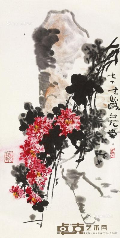  1976年作 红菊幽石 镜心 设色纸本 69.5×35cm