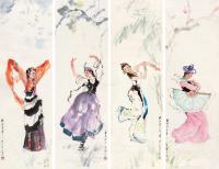 2008年作 舞蹈人物四屏 镜心 设色纸本