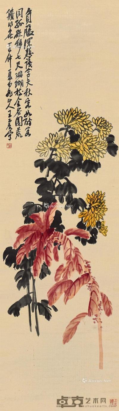  1917年作 菊花老少年 立轴 设色绫本 139.3×40.7cm