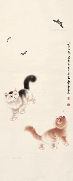  狸奴花蝶共翩翩 立轴 设色绢本