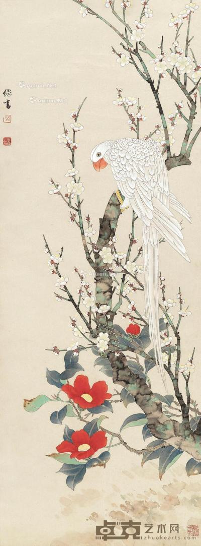  鹦鹉花卉图 立轴 设色纸本 106×40cm