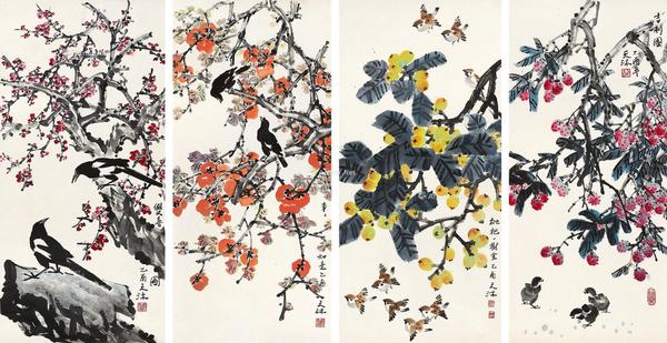  2005年作 花鸟四屏 镜心 设色纸本