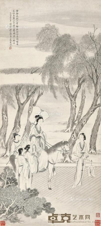 * 己酉（1909年）作 丽人游春 立轴 水墨纸本 87×38.5cm