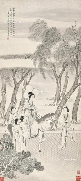 * 己酉（1909年）作 丽人游春 立轴 水墨纸本