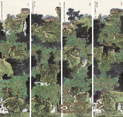 2008年作 山水四屏 镜心 设色纸本 138×35cm×4