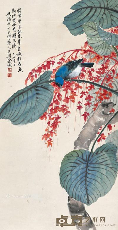  乙丑（1925年）作 鸟语花香 立轴 设色纸本 65.5×33.2cm