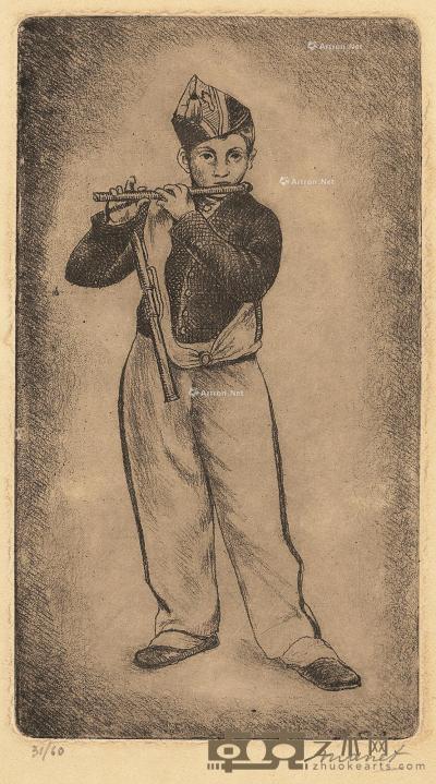  吹短笛的男孩 蚀刻版画 20.5×11.5cm