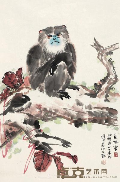 红叶栖猴 镜心 设色纸本 68.5×45cm
