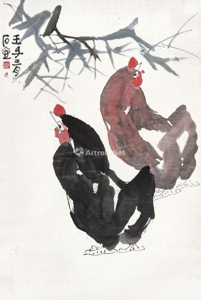  壬子（1972年）作 双吉 立轴 设色纸本