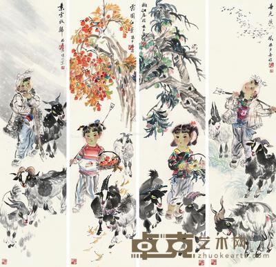 人物四屏 镜心 设色纸本 138×34cm×4