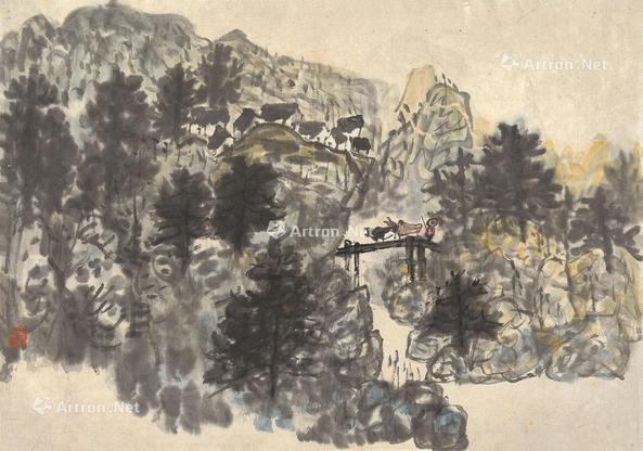  溪山归牧 镜心 设色纸本